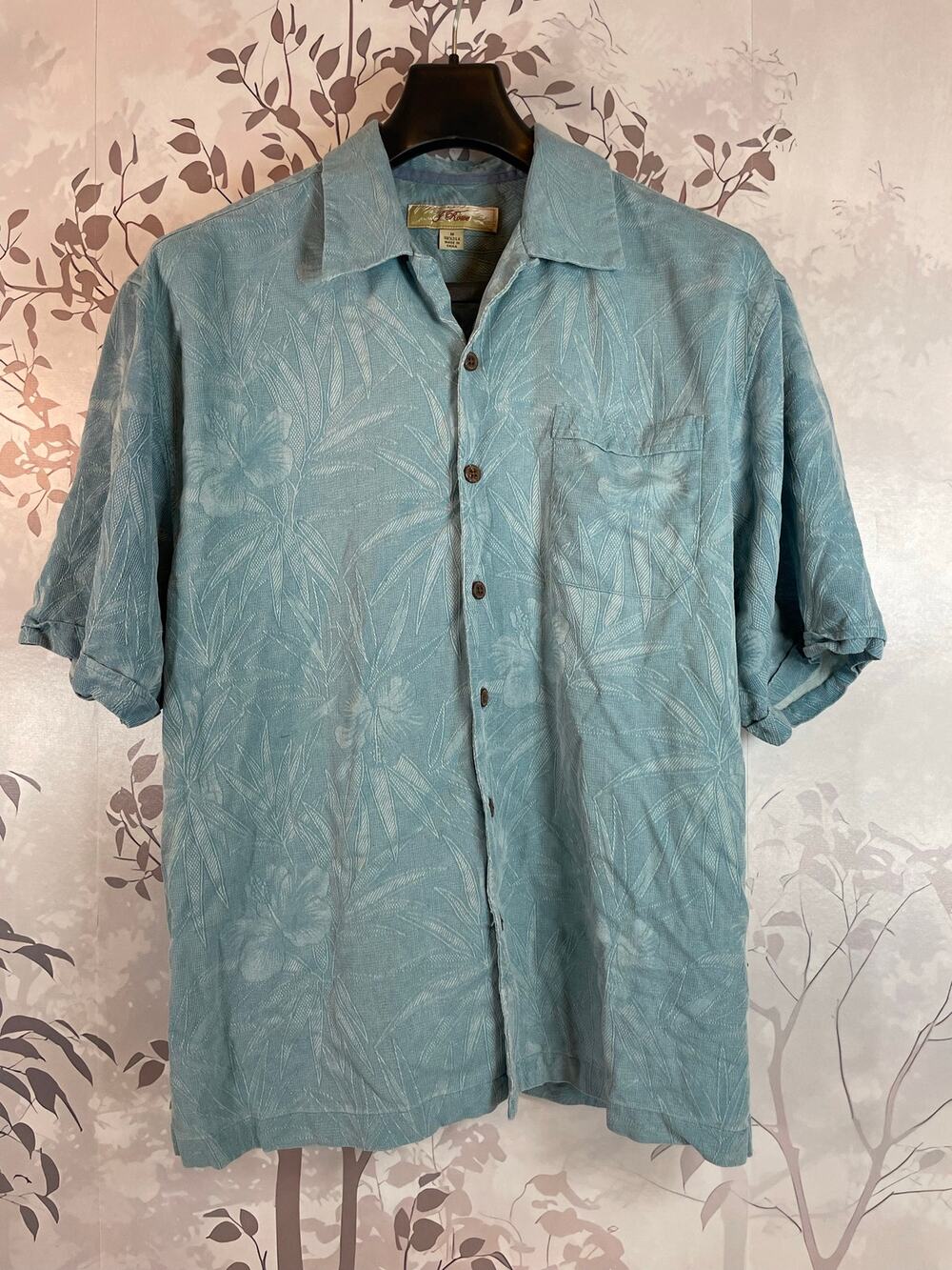 J Rowe Mens M 100% Silk Golf Hawaiian Shirt Blue Embroidered 19th Hole Cigar